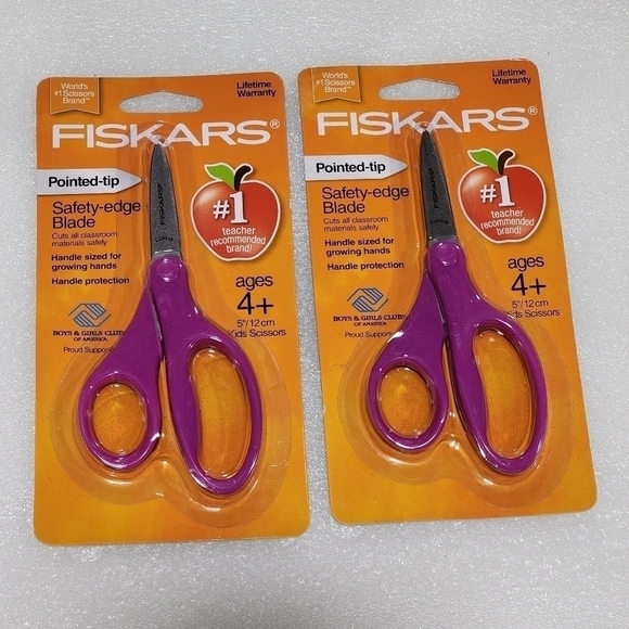 NEW lot of 2 Fiskars 5" Pointed tip Safety-edge Blade Scissors 4+ Purple - Picture 1 of 3